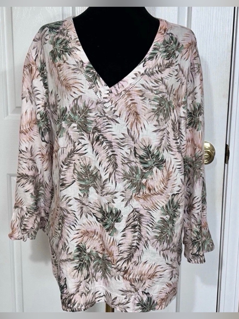 J.Jill Linen Palm Oasis Tunic Top Blouse XL V-Neck Ruffle Cuff Tropical Floral